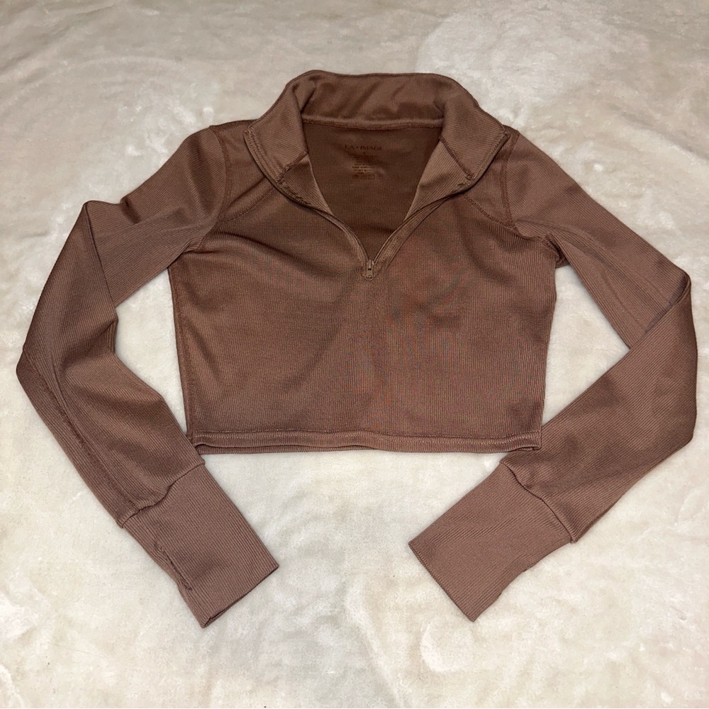 LA + Image Brown Ribbed Half Zip Mock Neck Cropped Long Sleeve Top Size Small